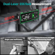 Load image into Gallery viewer, Dual Laser Distance Meter, 656FT/200M Recharge Laser Measuring Tool M/in/FT Multi Units Backlit LCD Multifunctional Laser Measure for Distance Area Volume Angle Sensor Midpoint Pythagorean Mode