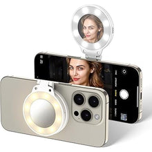 Load image into Gallery viewer, JJC Magnetic Phone Selfie Ring Light, Rechargeable Cell Phone Selfie Light with 3 Light Modes/3 Brightness Levels, 180° Flip & Built-in Mirror Design Phone Fill Light for Selfie Vlog Live Streaming