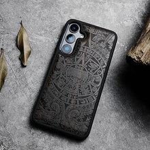 Load image into Gallery viewer, Carveit Wood Case for Galaxy S24 - Natural Wood & Black Soft TPU Shockproof Protective Cover - Unique Wooden Case Compatible with Samsung S24 (Maya Calendar-Blackwood)