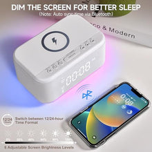Load image into Gallery viewer, Alarm Clock Speaker Wireless Charger, Digital Alarm Clocks Bedrooms Bluetooth, Alarm Clock Dimmable Light Bedrooms Dual Alarm Snooze Dimmer 12 24H RGB Night Light Bluetooth USB AUX, White