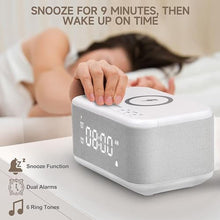 Load image into Gallery viewer, Alarm Clock Speaker Wireless Charger, Digital Alarm Clocks Bedrooms Bluetooth, Alarm Clock Dimmable Light Bedrooms Dual Alarm Snooze Dimmer 12 24H RGB Night Light Bluetooth USB AUX, White