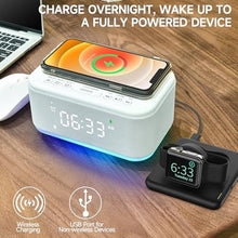 Load image into Gallery viewer, Alarm Clock Speaker Wireless Charger, Digital Alarm Clocks Bedrooms Bluetooth, Alarm Clock Dimmable Light Bedrooms Dual Alarm Snooze Dimmer 12 24H RGB Night Light Bluetooth USB AUX, White