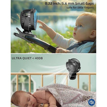 Load image into Gallery viewer, KIDEE Portable Clip on Fan, Small Desk Fan Battery Operated, 360° Rotation, Cute Design, 3 Speed, Mini Table Fan USB Rechargeable, Personal Cooling Baby Stroller Fan for Home Office Outdoor Travel