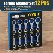 Load image into Gallery viewer, 12PCS Torque Adapter Set SAE, 5/16", 3/8", 7/16", 1/2", 9/16", 5/8", 11/16", 3/4", 13/16", 7/8", 3/8" Drive Torque Wrench Adapter, 12 Point Torque Extender Adapter with 1/2" + 1/4" Adapter