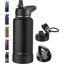 Load image into Gallery viewer, 32oz Insulated Water Bottle with Straw, Stainless Steel Metal Vacuum Water Flask, Large Thermos Water bottle with Leakproof 3 Lids for Travel, Camping, Gym Sports Black