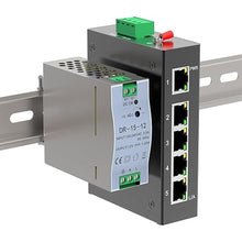 Load image into Gallery viewer, 5 Port 100Mb Unmanaged Industrial Switch with DIN Rail 15W Power Supply,10/100Mbps Fast Ethernet,IP40,4KV Lightning Protection,Operating Temperature Range -40° – 80°C DIN Rail Network Switch