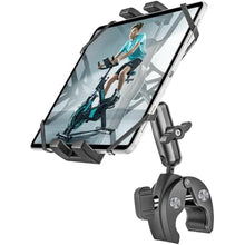 Load image into Gallery viewer, Aluminium Motorcycle Tablet Holder, Handlebar Strap Clamp - Bike Tablet Mount for Fitness Bike, Road Mountain Bicycle, Ebike Clip, for iPad Pro, Air, Mini, Galaxy Tab, Z Fold, iPhone, 4.7-13" Devices