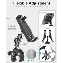 Load image into Gallery viewer, Aluminium Motorcycle Tablet Holder, Handlebar Strap Clamp - Bike Tablet Mount for Fitness Bike, Road Mountain Bicycle, Ebike Clip, for iPad Pro, Air, Mini, Galaxy Tab, Z Fold, iPhone, 4.7-13" Devices