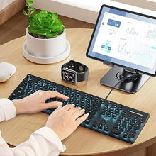 Load image into Gallery viewer, Typewriter Keyboard 104-key Punk Gaming Retro Keyboard LED Ice Blue Backlit Cute Keyboard with Wired USB Suitable for PC/Win/Mac/Laptop Computer Keyboard?Black?
