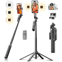 Load image into Gallery viewer, Selfie Stick Phone Tripod - 71 inch Tall Cell Phone Holder with Detachable Wireless Remote and 2 LED Lights for Recording, Video and Picture, Phone Stand for iPhone, Android, Camera & Gopro