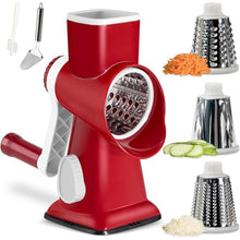 Load image into Gallery viewer, Cheese Grater Hand Crank Rotating Cheese Shredder Stainless Steel Vegetable Slicer Grater for Kitchen 3 Blades for Cheese, Carrot, Cucumber, Nuts, Chocolate, Red