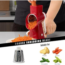Load image into Gallery viewer, Cheese Grater Hand Crank Rotating Cheese Shredder Stainless Steel Vegetable Slicer Grater for Kitchen 3 Blades for Cheese, Carrot, Cucumber, Nuts, Chocolate, Red