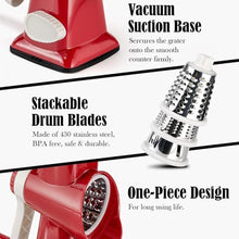 Load image into Gallery viewer, Cheese Grater Hand Crank Rotating Cheese Shredder Stainless Steel Vegetable Slicer Grater for Kitchen 3 Blades for Cheese, Carrot, Cucumber, Nuts, Chocolate, Red