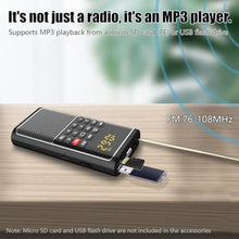 Load image into Gallery viewer, Small FM Radio Pocket Portable Radio,Rechargeable Battery Operated,USB/Micro SD Card/TF Card Slot Mp3 Player,Numeric Key, with Recorder,Excellent Reception and Sound,Suitable for Home & Outdoor Use