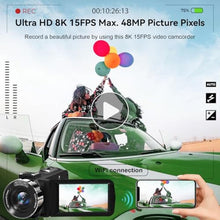 Load image into Gallery viewer, Video Camera, 8K Camcorder 48MP 15FPS UHD WiFi Vlogging Camera with IR Night Vision for YouTube, 3" Touch Screen 18X Digital Zoom, with Fill Light, Mic, Stabilizer, Lens Hood, Remote and 2 Batteries