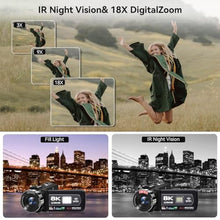 Load image into Gallery viewer, Video Camera, 8K Camcorder 48MP 15FPS UHD WiFi Vlogging Camera with IR Night Vision for YouTube, 3" Touch Screen 18X Digital Zoom, with Fill Light, Mic, Stabilizer, Lens Hood, Remote and 2 Batteries