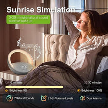 Load image into Gallery viewer, Bluetooth Alarm Clock, Sunrise Simulation Wake Up Night Light, 15W Fast Wireless Charging Alarm Clock for Bedroom, 10W Bluetooth Stereo Sound Speaker, USB Charger Port