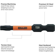 Load image into Gallery viewer, Railer Torx Bit Set - Premium S2 Steel 2 Inch Impact Driver 10-Piece 6 Star Bit Set With A Tool Storage Bit Holder & Carabiner (Hi-Vis Green Bitrail, Standard Bitrail)