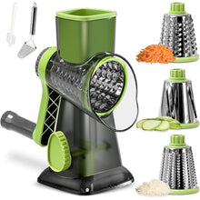 Load image into Gallery viewer, Cheese Grater Hand Crank Rotating Cheese Shredder Stainless Steel Vegetable Slicer Grater for Kitchen 3 Blades for Cheese, Carrot, Cucumber, Nuts, Chocolate, Green