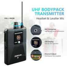 Load image into Gallery viewer, Pro Wireless Microphone System 4 Channel, UHF Cordless Handheld Headset Lavalier Lapel Mics for Church Karaoke Singing, 4x50 Adjustable Frequency(G8 Battery 4 Bodypack)