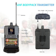 Load image into Gallery viewer, Pro Wireless Microphone System 4 Channel, UHF Cordless Handheld Headset Lavalier Lapel Mics for Church Karaoke Singing, 4x50 Adjustable Frequency(G8 Battery 4 Bodypack)