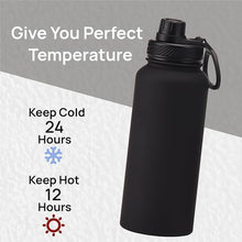 Load image into Gallery viewer, Black 32 oz Insulated Water Bottle, Large Metal Stainless Steel Water Flask, Big Sports Travel Mens Water Bottle for Gym,Hiking,1 liters Leakproof Insulated Thermal Bottle with 2 Lids