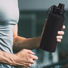 Load image into Gallery viewer, Black 32 oz Insulated Water Bottle, Large Metal Stainless Steel Water Flask, Big Sports Travel Mens Water Bottle for Gym,Hiking,1 liters Leakproof Insulated Thermal Bottle with 2 Lids