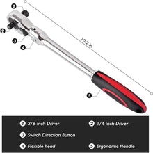 Load image into Gallery viewer, Dual 3/8 and 1/4 Drive Flex Head Ratchet, 72-Tooth 3/8 Ratchet Wrench with Quick-release and Reversible Switch (3/8 and 1/4 Flex-Head)