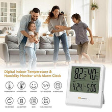 Load image into Gallery viewer, Indoor Thermometer, Room Thermometer and Hygrometer with Clock, Temperature and Humidity Meter with Clock, Double Comfort Indicator, Time, Date(White)