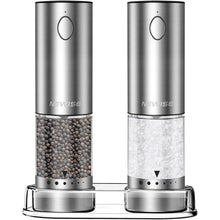 Load image into Gallery viewer, Electric Salt and Pepper Grinder Set, Rechargeable with LED Lights, Stainless Steel Automatic Pepper & Salt Mill, Adjustable Coarseness, Large Capacity, Silver