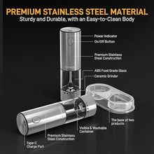 Load image into Gallery viewer, Electric Salt and Pepper Grinder Set, Rechargeable with LED Lights, Stainless Steel Automatic Pepper & Salt Mill, Adjustable Coarseness, Large Capacity, Silver