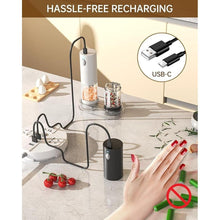 Load image into Gallery viewer, CIRCLE JOY Electric Salt and Pepper Grinder Set Rechargeable Salt and Pepper Mills with Storage Base, Adjustable Coarseness and LED White Light, Washable 95ml Container, Black & White