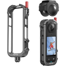 Load image into Gallery viewer, Aluminum Frame Cage for Insta360 X4, Protective Case for Insta 360 X4 Accessories, with 1/4" Threads, Cold Shoe Mount, Folding Fingers, Silicone Lens Cap