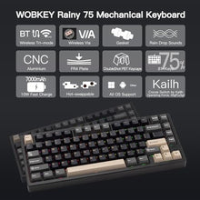 Load image into Gallery viewer, KEEBMONKEY WOBKEY Rainy 75 CNC Aluminum HMX/JWK/Cocoa Switches Triple-Mode Connectivity Mechanical Keyboard with Superior Acoustics, RGB/FR4/Silver SUS304/7000mAh/Cocoa Switch (Pro - Black)