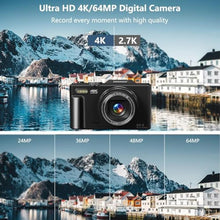 Load image into Gallery viewer, Digital Camera for Photography, 4K Vlogging Camera for YouTube 3" 180° Flip Screen 18X Digital Zoom Compact Retro Cameras with 32GB TF Card & 2 Batteries, Black