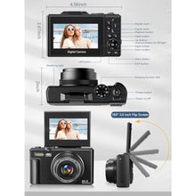 Load image into Gallery viewer, Digital Camera for Photography, 4K Vlogging Camera for YouTube 3" 180° Flip Screen 18X Digital Zoom Compact Retro Cameras with 32GB TF Card & 2 Batteries, Black