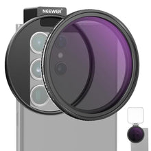 Load image into Gallery viewer, NEEWER 67mm Clip On Variable ND2-32 Phone Lens Filter Kit, Phone Clip w/Threaded Adapter Ring/Cold Shoe/Locking Knob, Variable ND Filter for iPhone 16 15 Pro Max Plus 14 13 Galaxy S22 S23 S24 Ultra