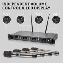 Load image into Gallery viewer, Wireless Microphone System, 4-Channel UHF Wireless Mic, Fixed Frequency Metal Cordless Mic with 4 Handheld Dynamic Microphones, 200ft Range, Mics for Singing, Church (4 Handheld)