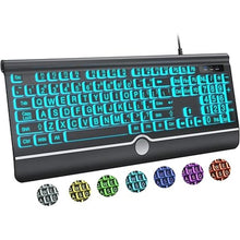 Load image into Gallery viewer, Large Print Backlit Computer Keyboard, USB Full Size Wired Keyboards with 7-Colors Backlight, Wrist Rest, Light Up Keyboard for Windows, PC, Laptop - Easy to See, Easy to Setup