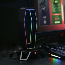 Load image into Gallery viewer, Headset Stand Headphone Holder for Desk Xbox PS5 PC Gaming Accessories, RGB Lighting USB Hub Virtual 7.1 Sound Card 3 Pre-Programmed EQ Modes,Black