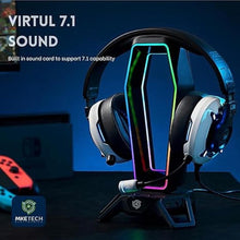 Load image into Gallery viewer, Headset Stand Headphone Holder for Desk Xbox PS5 PC Gaming Accessories, RGB Lighting USB Hub Virtual 7.1 Sound Card 3 Pre-Programmed EQ Modes,Black