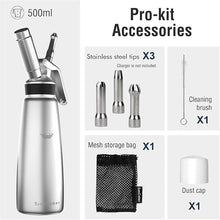 Load image into Gallery viewer, Whipped Cream Dispenser,Aluminum 500ml Whipped Cream Maker,3 Decorating Nozzles,1 Brush,1 Storage Bag,withou N2O Chargers,Sliver