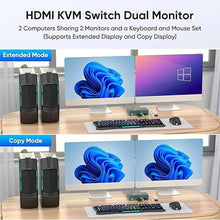 Load image into Gallery viewer, HDMI KVM Switch 2 Monitors 2 Computers 4K@60Hz, USB3.0 KVM Switch Dual Monitor with 3 USB 3.0 Ports Sharing Keyboard and Mouse, Printer/Scanner, Desktop Controller