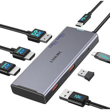 Load image into Gallery viewer, USB C Docking Station, 7 in 1 Docking Station 3 Monitors with Dual HDMI 4K@60Hz & Single DisplayPort (8K@30Hz/ 4K@144Hz), 100W PD, 10Gbps 3USB, USB C Hub Compatible with HP/Dell/Lenovo and More