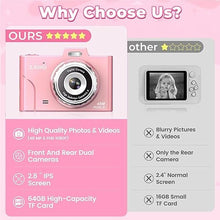 Load image into Gallery viewer, Digital Camera for Kids, 48MP 1080P FHD Camera with 64GB Card, 8X Digital Zoom Point and Shoot Digital Camera Compact Small Camera Gifts for Teens Students Children Kids Boys Girls(Pink)