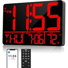 Load image into Gallery viewer, tawiliysy 13" Bluetooth Auto Sync Wall Clock - Large Digital Alarm Clock with Remote, 25 Ringtones, Dual Alarm, Adjustable Brightness, 12/24H, Auto DST, for Living Room, Kitchen, Office, Elderly?Red?