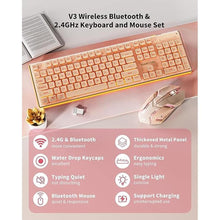 Load image into Gallery viewer, V3 Wireless Keyboard and Mouse with Single Backlit, Metal Panel, Bluetooth/2.4G Rechargeable Computer Keyboard and Mouse Combo Silent Lighted Full Size Cute Keyboards-Rose Pink