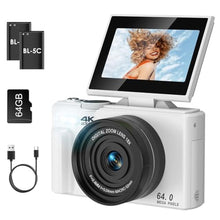 Load image into Gallery viewer, SOPPY 4K Digital Camera with WiFi Transfer, 64MP Auto-Focus Vlogging Camera for YouTube, 18X Digital Zoom, 3" 180° Flip Screen with SD Card, Compact Camera Gifts for Boys Girls Beginners,White