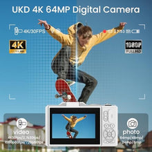 Load image into Gallery viewer, SOPPY 4K Digital Camera with WiFi Transfer, 64MP Auto-Focus Vlogging Camera for YouTube, 18X Digital Zoom, 3" 180° Flip Screen with SD Card, Compact Camera Gifts for Boys Girls Beginners,White