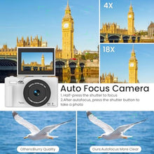 Load image into Gallery viewer, SOPPY 4K Digital Camera with WiFi Transfer, 64MP Auto-Focus Vlogging Camera for YouTube, 18X Digital Zoom, 3" 180° Flip Screen with SD Card, Compact Camera Gifts for Boys Girls Beginners,White